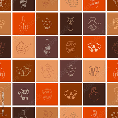 Seamless pattern of ceramic tiles in brown tones. Tiles with hand-drawn objects: teapots, cups, decanters, vases. Vector illustration. 