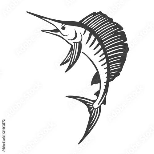 Hand Drawn Marlin fish jump. Design elements for logo, label, emblem, sign, brand mark. Vector illustration.