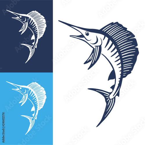 Hand Drawn Marlin fish jump. Design elements for logo, label, emblem, sign, brand mark. Vector illustration.