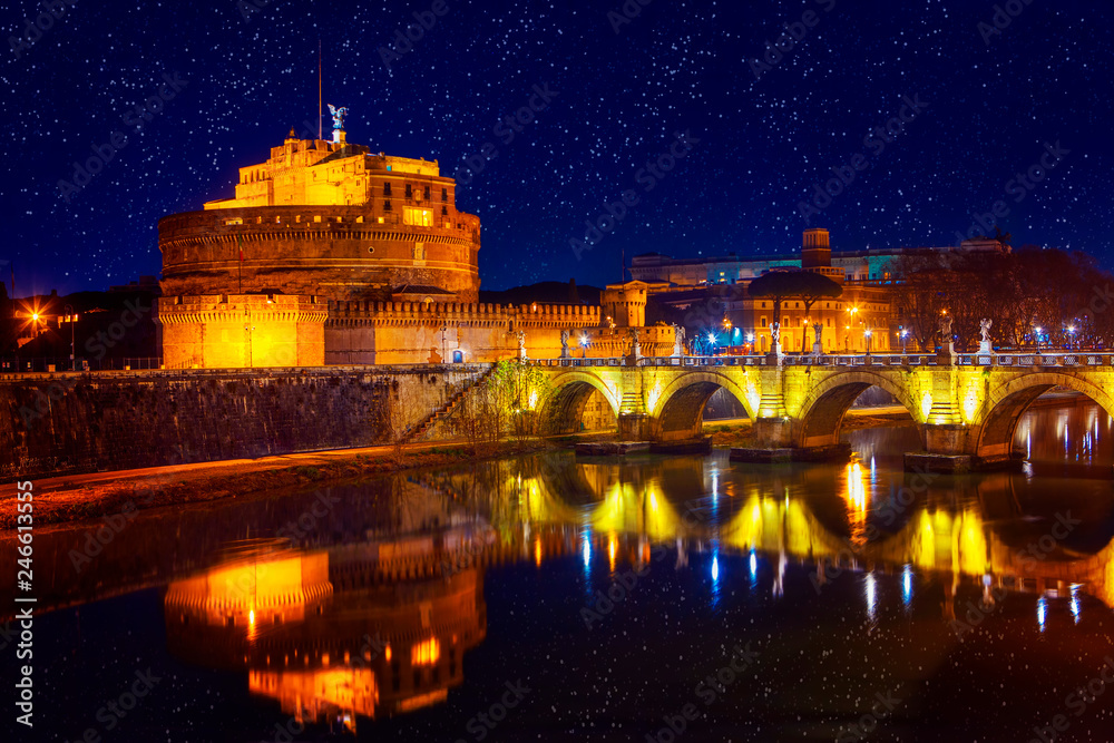 night image of Castel Sant Angelo and bridge over Tiber