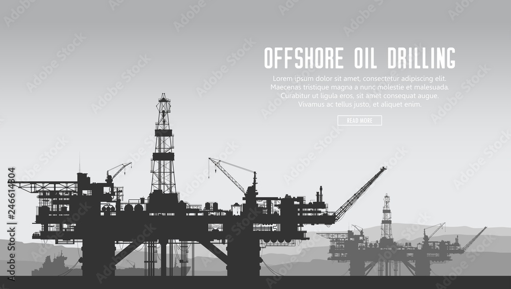Offshore oil drilling rigs and tanker in the sea. Crude oil extraction ...