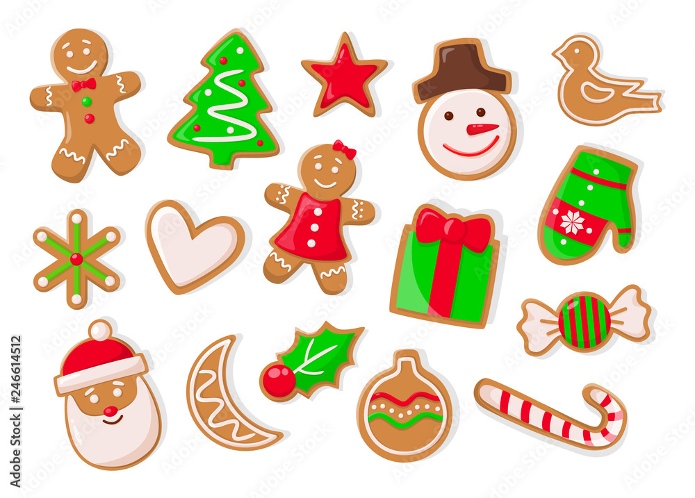 Christmas holidays symbolic isolated icons of gingerbread cookies vector. Snowman and pine tree evergreen spruce, heart and candy lollipop stick mistletoe Christmas holidays symbolic isolated icons of gingerbread cookies vector. Snowman and pine tree evergreen spruce, heart and candy lollipop stick mistletoe