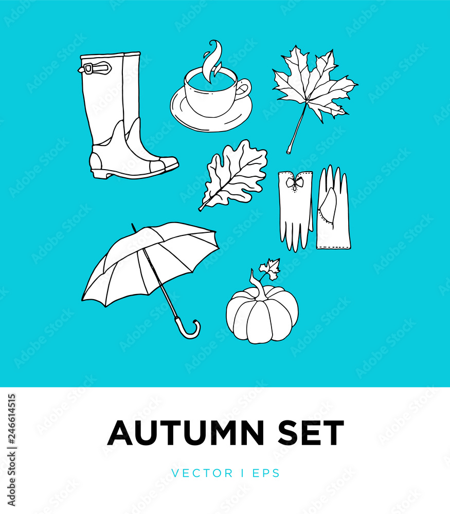 An autumn set of hand drawn objects. Umbrella, rubber boots, cup of hot drink, maple and oak leaf, gloves, pumpkin. Doodling, fall topic. An autumn set of hand drawn objects. Umbrella, rubber boots, cup of hot drink, maple and oak leaf, gloves, pumpkin. Doodling, fall topic.