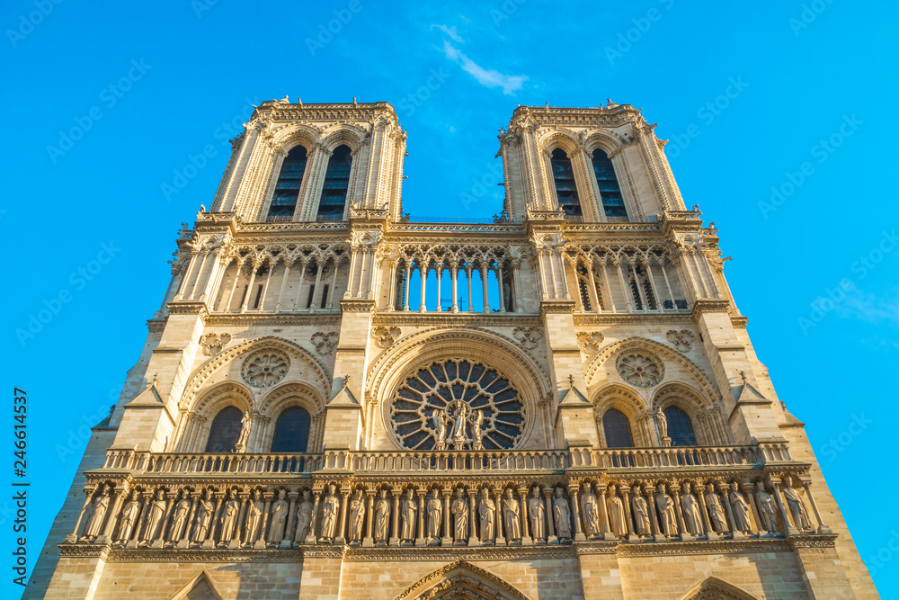 facade of notre dame de Paris, medieval cathedral (church) in paris, france