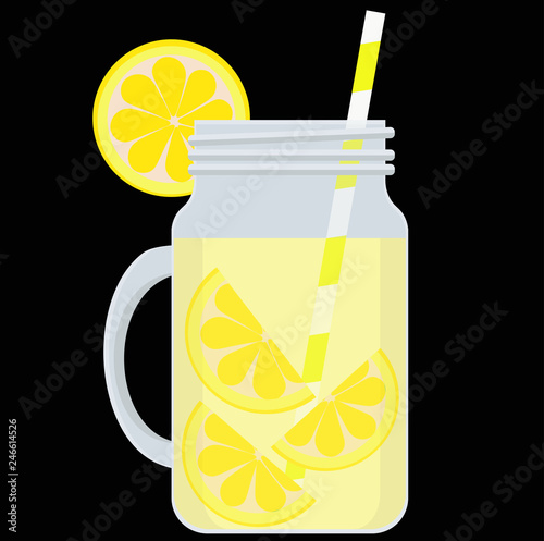 Drink lemon in a glass jar with a straw for drinking. Vector illustration on the theme of detox water.