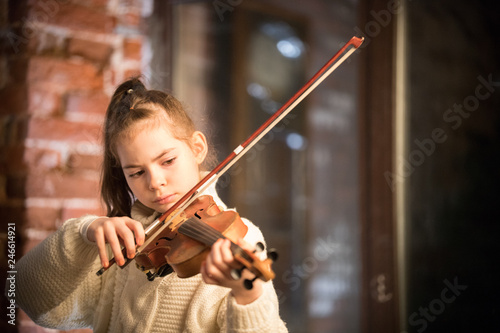 Fototapeta Trochę piękna dziewczyna z długimi włosami grająca na skrzypcach