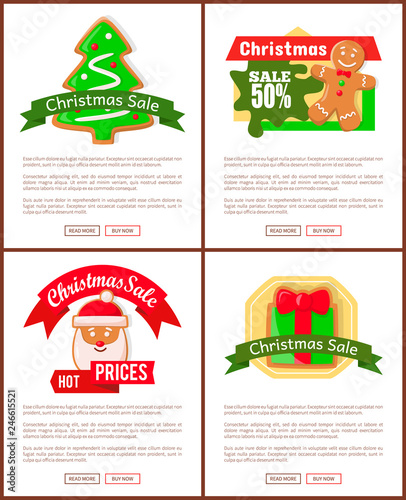 Christmas sale and hot prices web posters with gingerbread cookies. Pages with text and bright ginger man and fir-tree  head of Santa and gift box vector