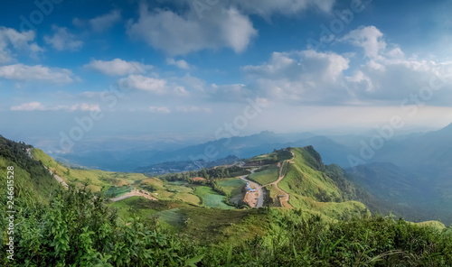 Phu Phang Ma beautiful mountain view of green hill with cloudy sky background, Phu Hin Rong Kla National Park, Phitsanulok - Phetchabun, Thailand.