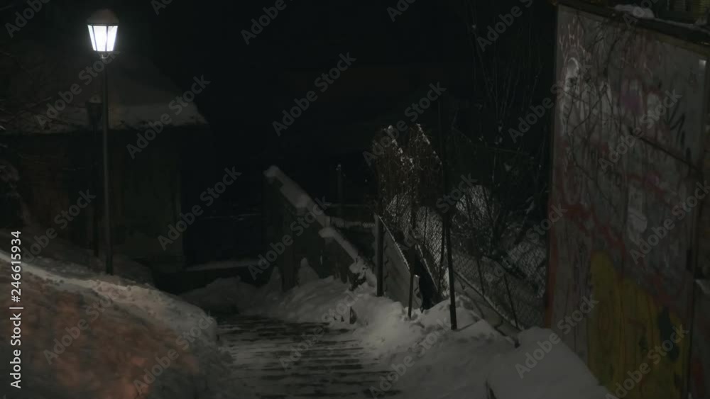 Descending stairs illuminated by a broken street lamp. Natural strobe light. Horror scene
