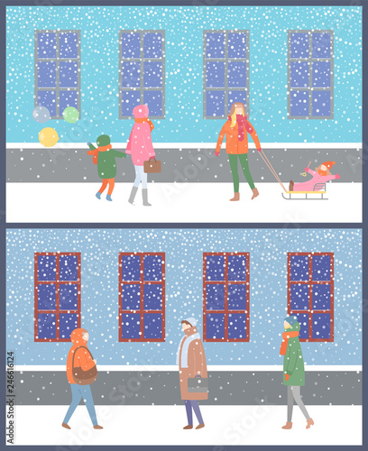 Wintertime cold season of year people and kids vector. Snowy street and resting family mother with child carrying inflatable balloons riding sleds