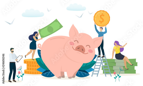 Cute piggy bank with money and coins. Concept of prosperity and capital accumulation. Vector