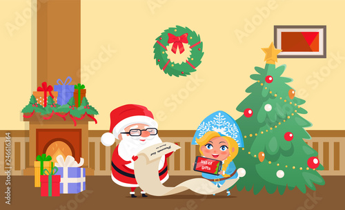 Merry Christmas Santa Claus and snow maiden at home vector. Winter characters checking list with presents, fireplace and tree decorated with baubles