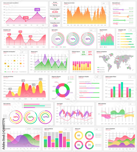 Infographics and infocharts visualization information vector. Scheme and diagrams set, map of world with colorful different parts analysis statistics, graphic flat style