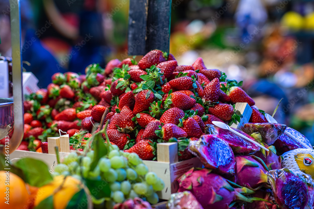 Fresh organic strawberries at a market