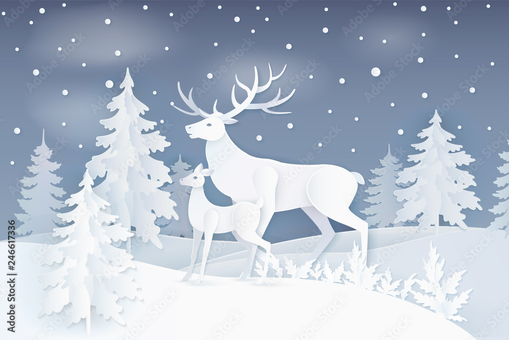 Nature at night with deer and fawn near spruce trees with snowflakes. Card with animals near fir-trees and snow falling weather in white color vector, paper art and craft style