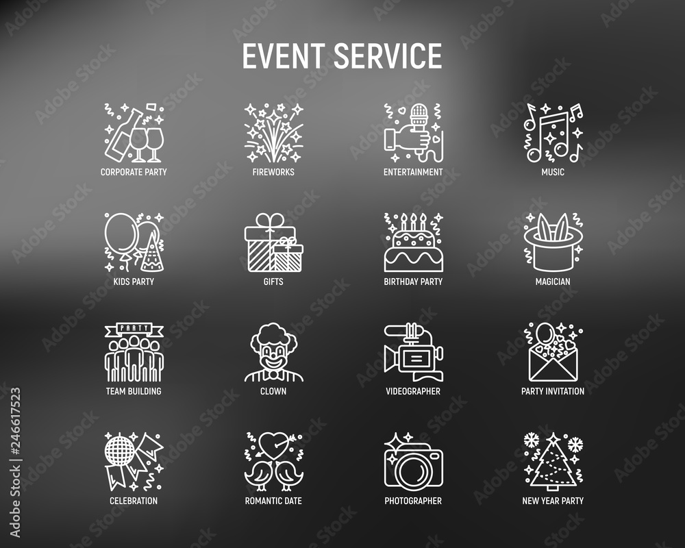 Event services thin line icons set: kids party, gifts, birthday, magician, clown, videographer, party invitation, corporate, fireworks, music, celebration, romatic date. Modern vector illustration. Event services thin line icons set: kids party, gifts, birthday, magician, clown, videographer, party invitation, corporate, fireworks, music, celebration, romatic date. Modern vector illustration.