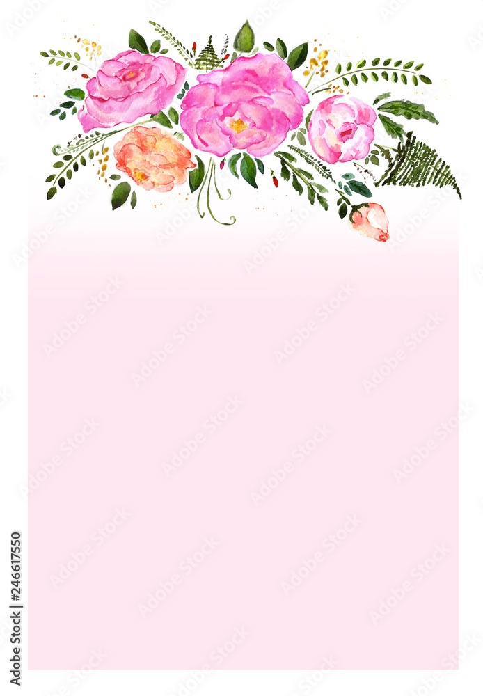 Watercolor hand drawn different flowers bouquet in frame. Isolated floral illustration on white background. Watercolor hand drawn different flowers bouquet in frame. Isolated floral illustration on white background.
