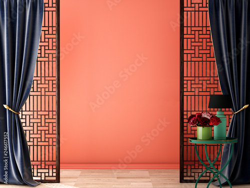 Photography Interior design ,Chinese style for living area in luxury house or hotel with anc