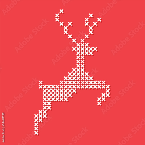 Christmas embroidery cross-stitch with rudolph, santa claus helper, jolly jumping. White on red background. Merry Christmas greeting card, napkin, poster, banner ...