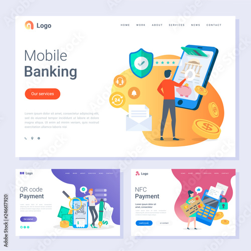 Mobile banking NFC payment and Qr codes scanning vector. Online web pages with text and people using smartphones to pay in stores technology innovation, flat style