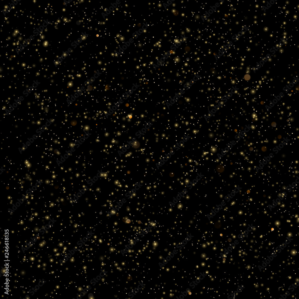 Gold dust glitter texture on a black. Explosion of confetti. Glittering stars. EPS 10