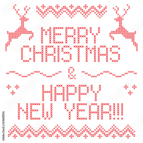 Christmas embroidery cross-stitch. Merry Christmas and happy new year greeting card, napkin, poster, banner...