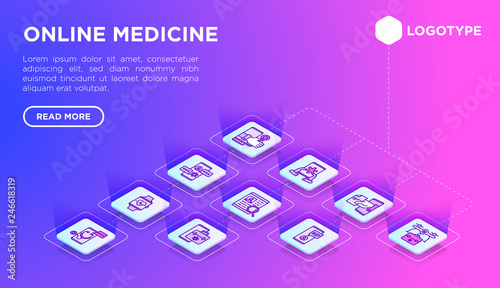 Online medicine web page template with thin line isometric icons: pill timer, ambulance online, medical drone, medical tracker, messenger, check symptoms, mobile consultant. Vector illustration.