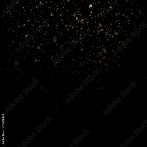 Glitter particles overlay effect. Gold glittering star dust sparkling particles on black background. EPS 10