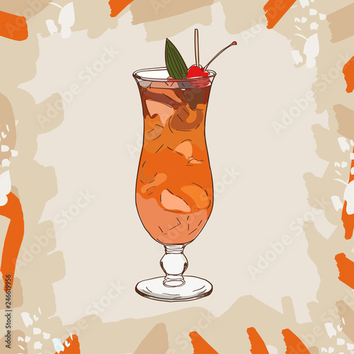 Zombie cocktail vector with orange wedge and cherry garnish. Alcoholic classic bar drink hand drawn vector. Pop art
