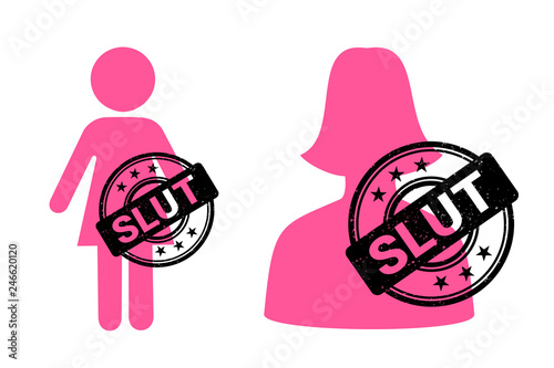 Slut shaming rubber stamp - woman, female, girl and lady is blamed for promiscuous sexual life and casual sex. Sexuality and bullying. Vector illustration photo