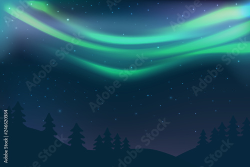 Night sky with aurora over spruce forest in winter, green north light with stars, polar light glowing, polar streamers. Vector