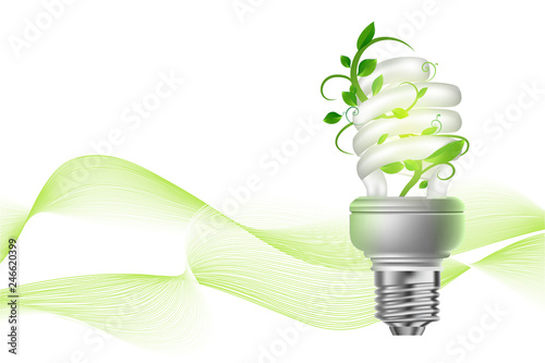 eco lamp with green leaves on white background