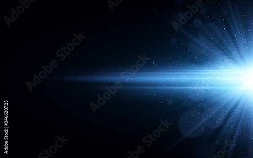 Stylish blue light effect isolated on black background. Flying glowing glitters. Glowing star with sparkles. Illumination lines. Vector illustration
