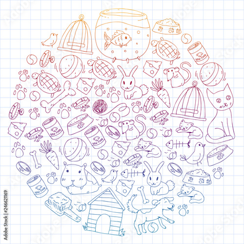 Pet shop. Vector illustration with animals, dog, cat, fish, Colorful background with kitten, bird, puppy. Veterinarian clinic.