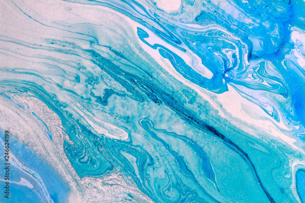Blur marbling blue-green texture. Creative background with abstract oil painted waves handmade surface. Liquid paint.