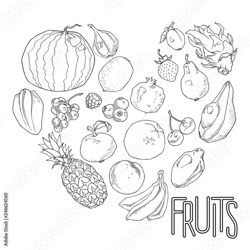 Heart shape of fresh exotic fruits. Vector graphics