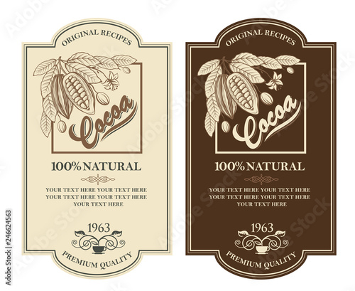 collection of labels with cocoa beans, branch and leaves