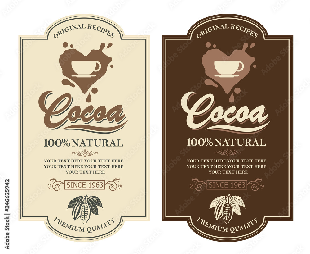 Obraz premium collection of labels with cocoa beans, branch and leaves