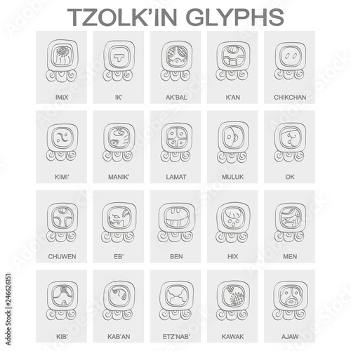 vector icon set with Tzolk'in calendar named days and associated glyphs