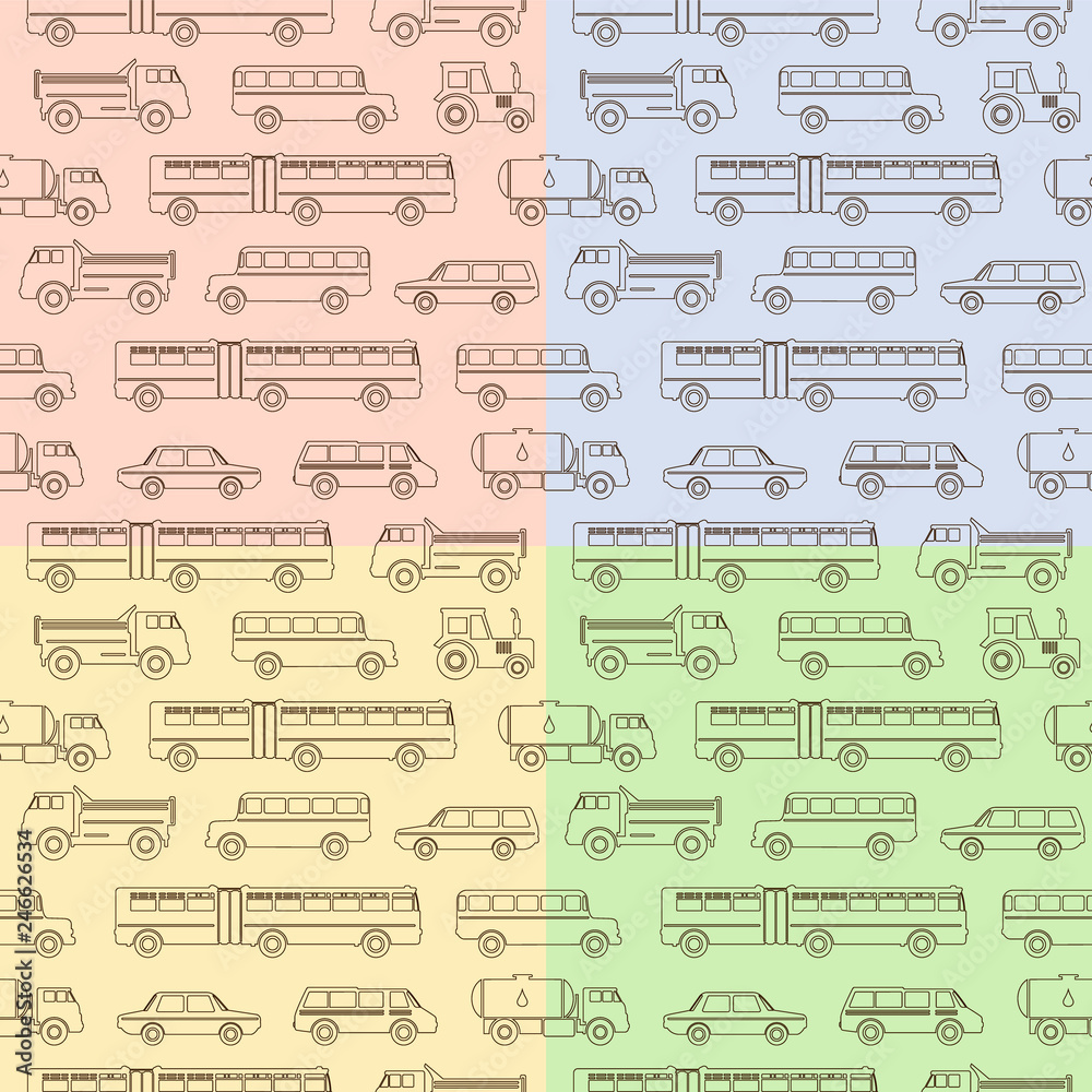 Seamless baby pattern with cute cars. Vector bright illustration for kids. Seamless childrens background for wallpapers or textile.