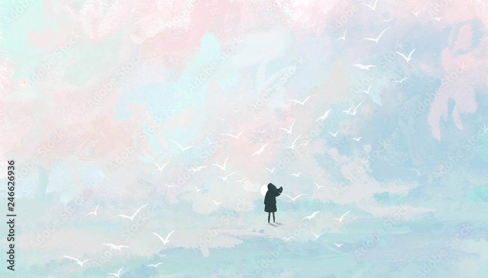 Woman on the background of the pastel sky. Digital art - obrazy, fototapety, plakaty 