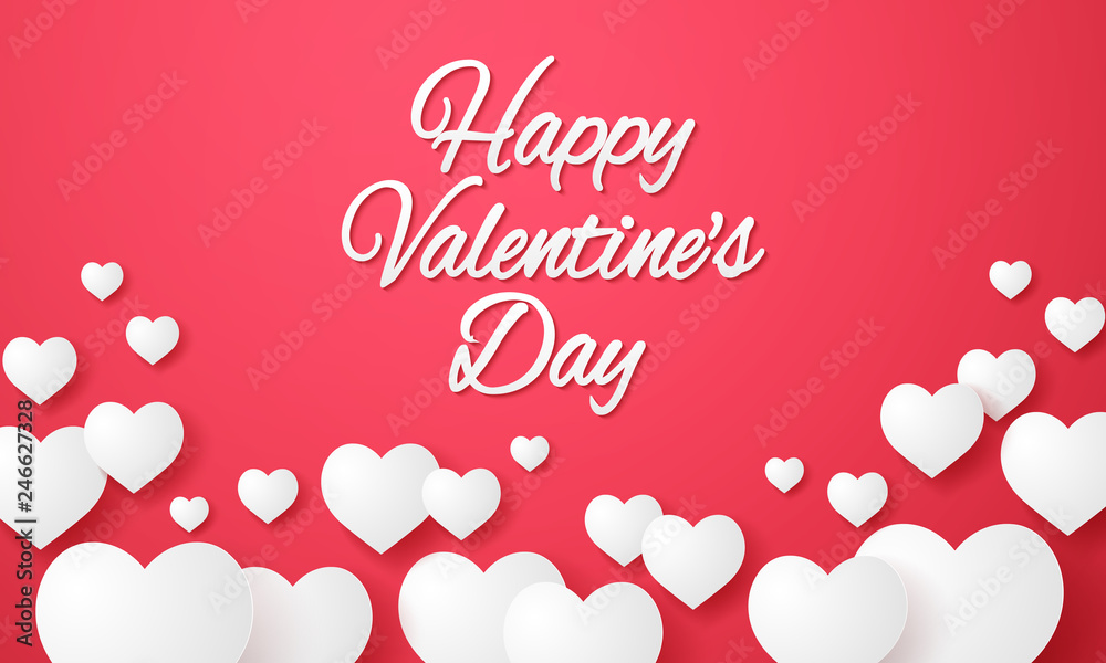 Valentines day , White heart shape background with lettering , paper art style