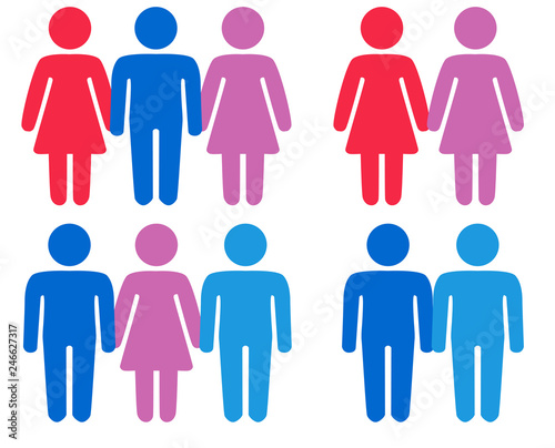 Schematic representation of polyamoric relations between three people. Polyamory conceptual illustration.