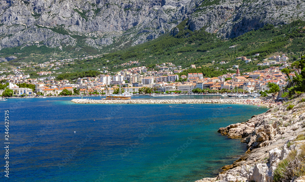 View of the resort town of Makarska on a summer day, in Makarska, Croatia.
