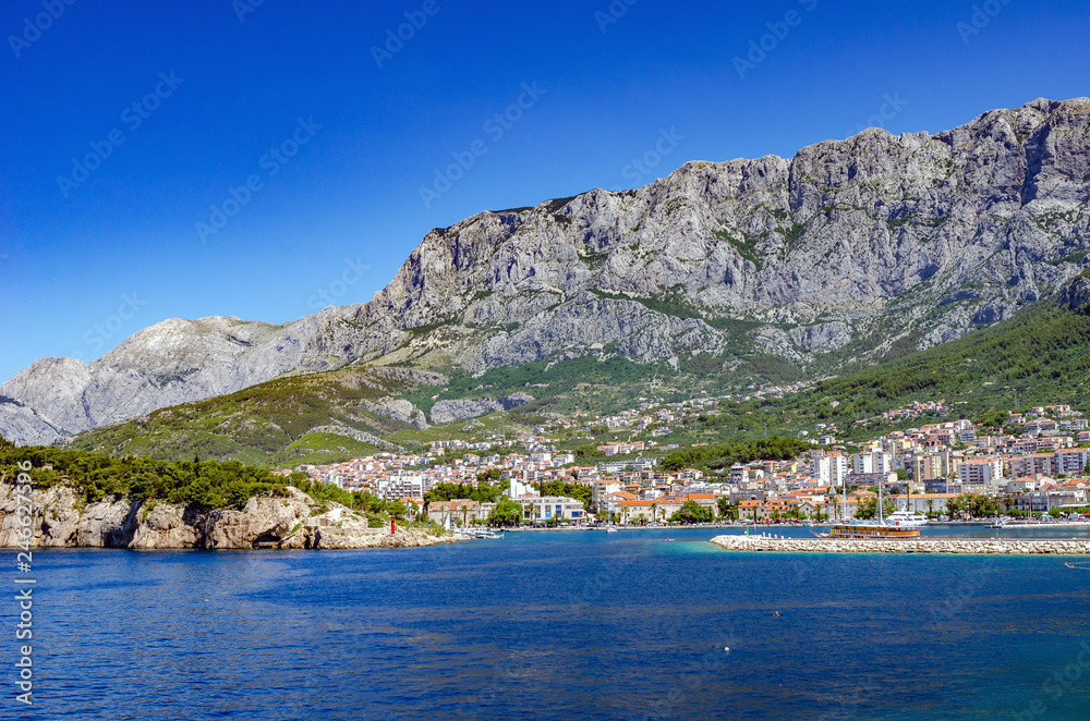 View of the resort town of Makarska on a summer day, in Makarska, Croatia.
