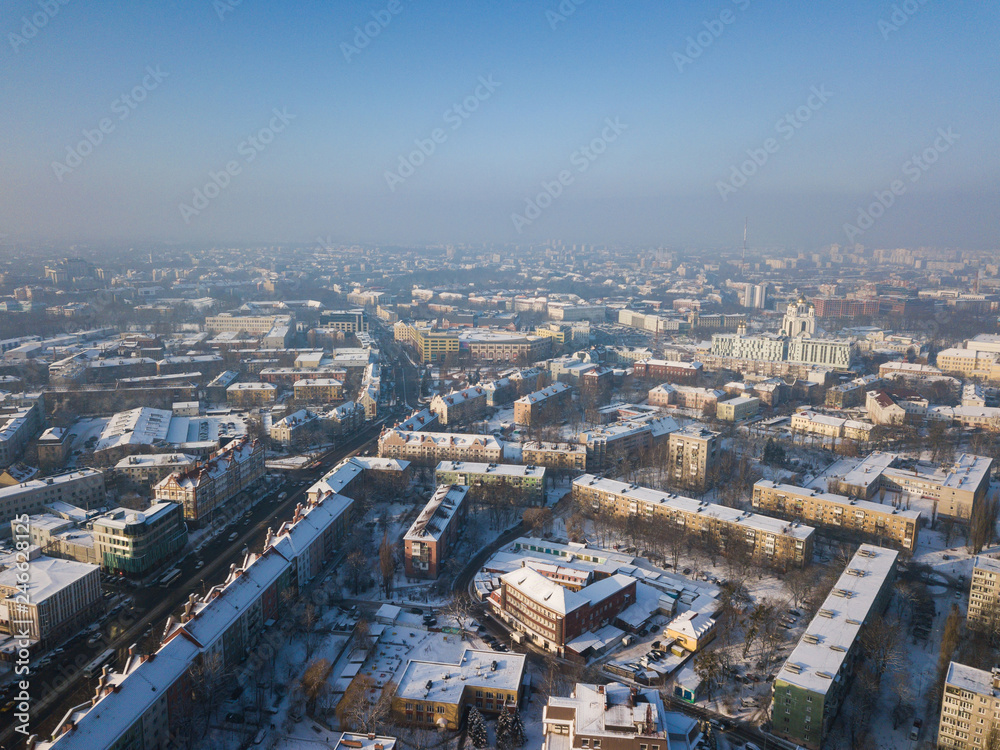 Aerial: Snow-covered city of Kaliningrad, Russia