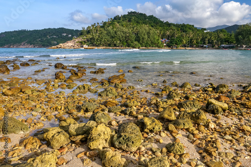 Colorful coral rocks closeup on a low tide, on a tropical island beach with sand and waves. In Koh Phangan - a popular tourist destination in south Thailand. photo