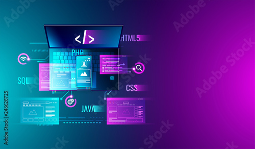 Web development, application design, coding and programming on laptop and smartphone concept with programming language and program code and layout on screen vector.