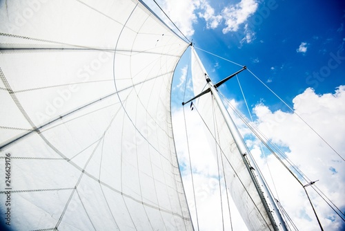 Фотография Close-up view of the mast and sails against cloudy blue sky