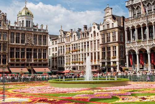 Flower carpet and baroque guild houses on Grande Place in Brussels